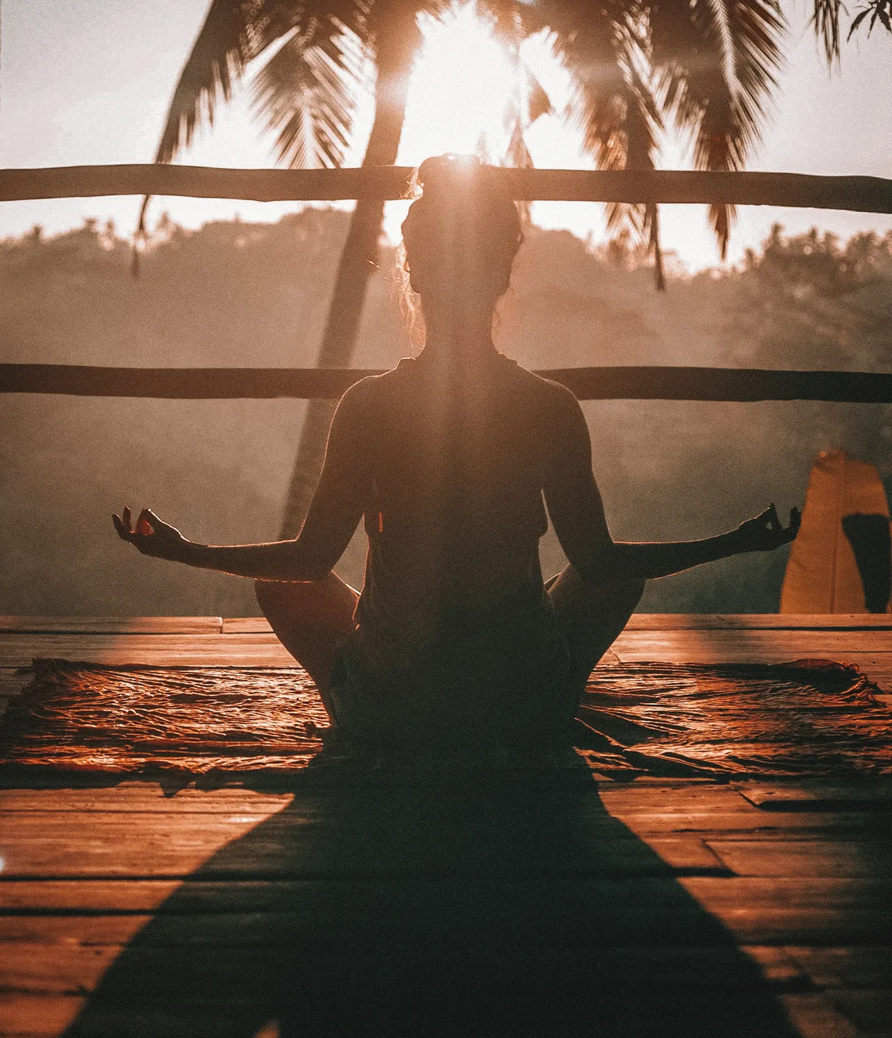 A person sitting cross-legged in silhouette on a deck, hands resting on their knees, the sun low behind palm trees
