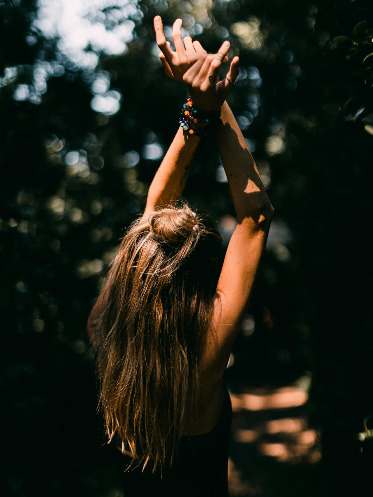 A person seen from behind with both arms raised overhead among dark trees
